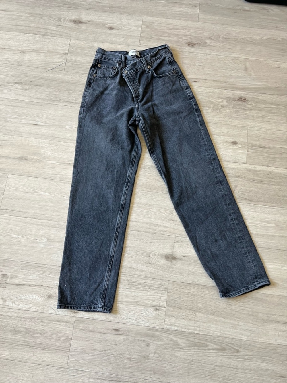 AGOLDE Organic Cotton Criss Cross Waist Straight Leg Washed Black Jeans Sz 22